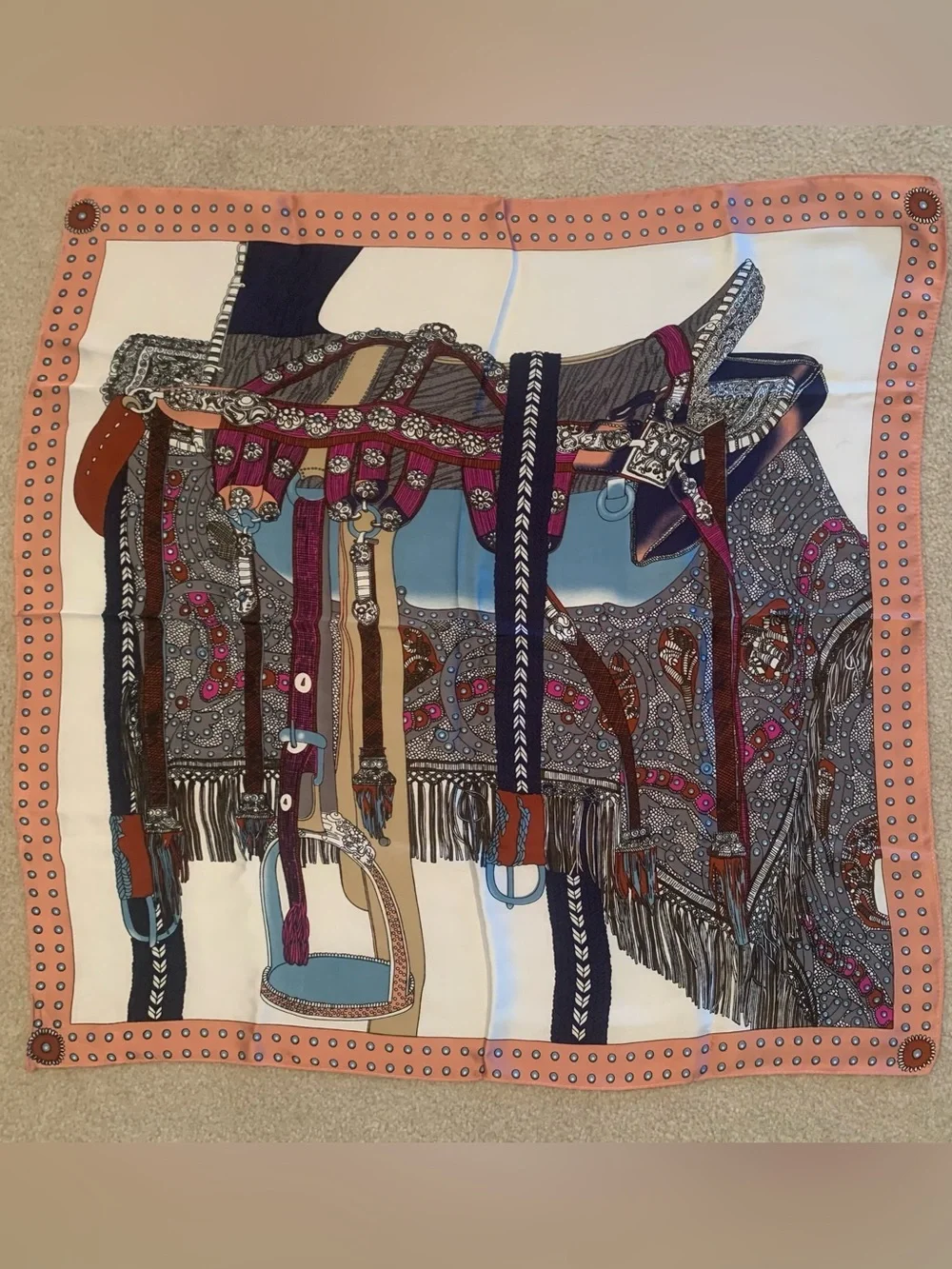 NWOT Sparking For Love Silky Polyester Saddle Print Scarf 27” Square Boho